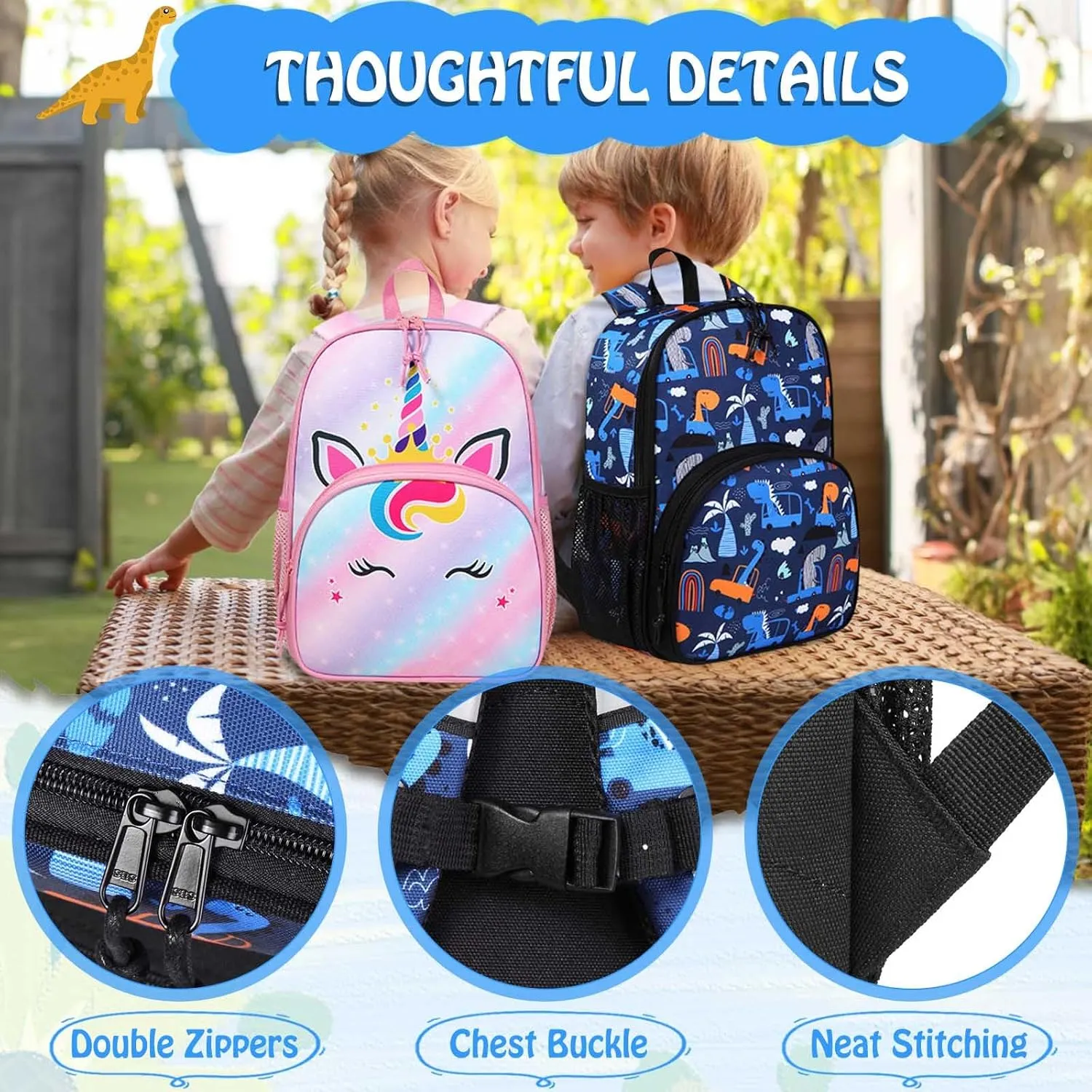 Kasqo Toddler Backpack, Water Resistant Preschool Kids Bookbag Kindergarten Daycare Schoolbag for Boys and Girls 3-6 Years,Dinosaur Car