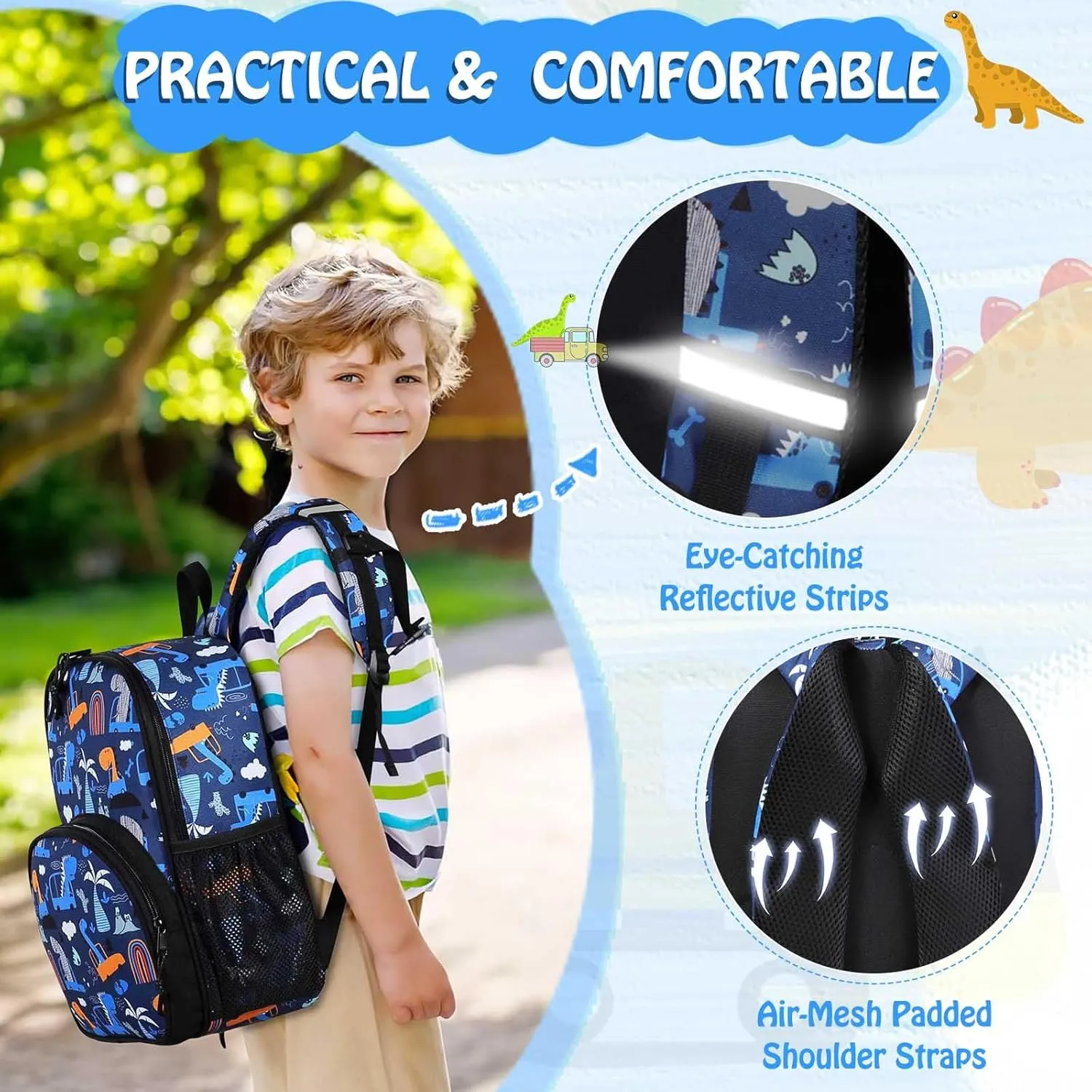Kasqo Toddler Backpack, Water Resistant Preschool Kids Bookbag Kindergarten Daycare Schoolbag for Boys and Girls 3-6 Years,Dinosaur Car