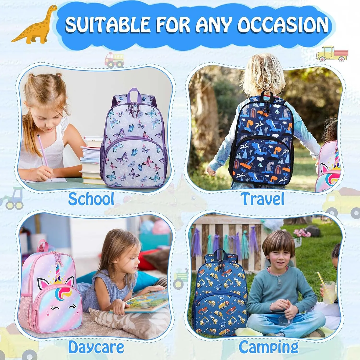 Kasqo Toddler Backpack, Water Resistant Preschool Kids Bookbag Kindergarten Daycare Schoolbag for Boys and Girls 3-6 Years,Dinosaur Car