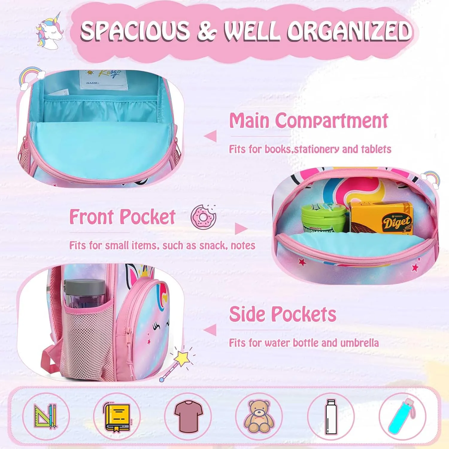 Kasqo Toddler Backpack, Water Resistant Preschool Kids Bookbag Kindergarten Daycare Schoolbag for Boys and Girls 3-6 Years,Unicorn
