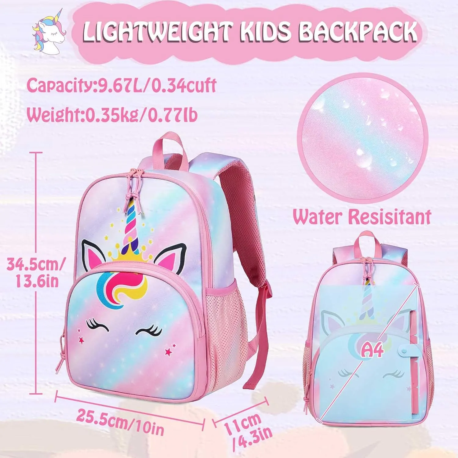 Kasqo Toddler Backpack, Water Resistant Preschool Kids Bookbag Kindergarten Daycare Schoolbag for Boys and Girls 3-6 Years,Unicorn