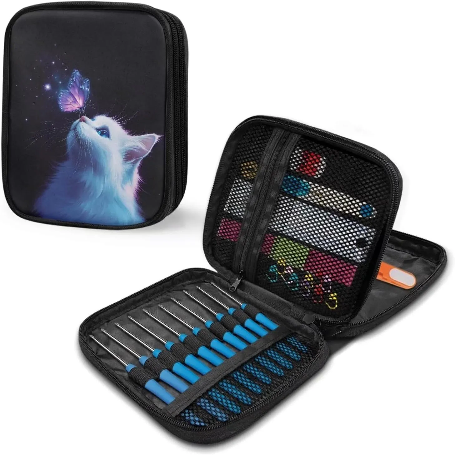 Kathyboom Crochet Hook Case (up to 7.5 Inches),White Cat Butterfly Travel Organizer Zipper Bag for Various Crochet Hooks, Circular Knitting Needles and Other Accessories