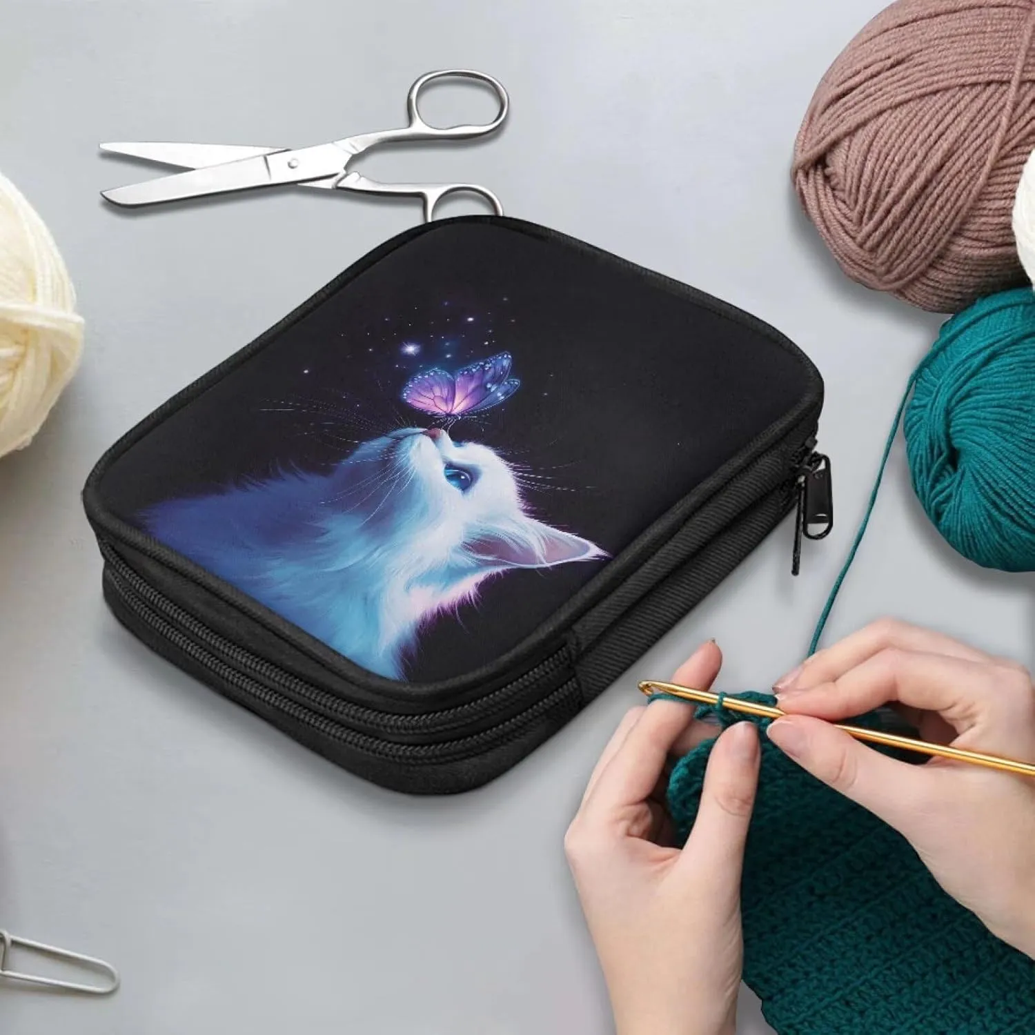 Kathyboom Crochet Hook Case (up to 7.5 Inches),White Cat Butterfly Travel Organizer Zipper Bag for Various Crochet Hooks, Circular Knitting Needles and Other Accessories