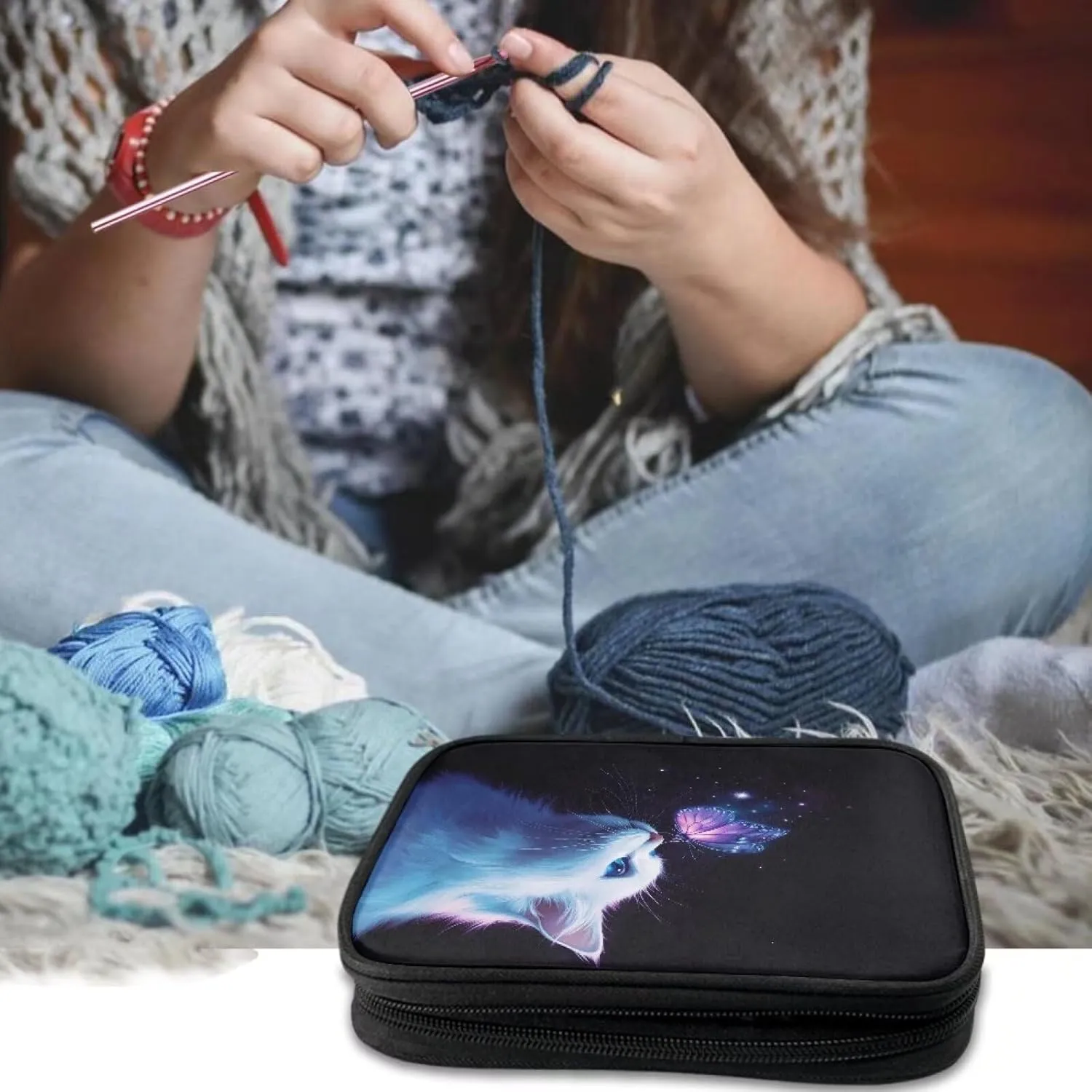 Kathyboom Crochet Hook Case (up to 7.5 Inches),White Cat Butterfly Travel Organizer Zipper Bag for Various Crochet Hooks, Circular Knitting Needles and Other Accessories