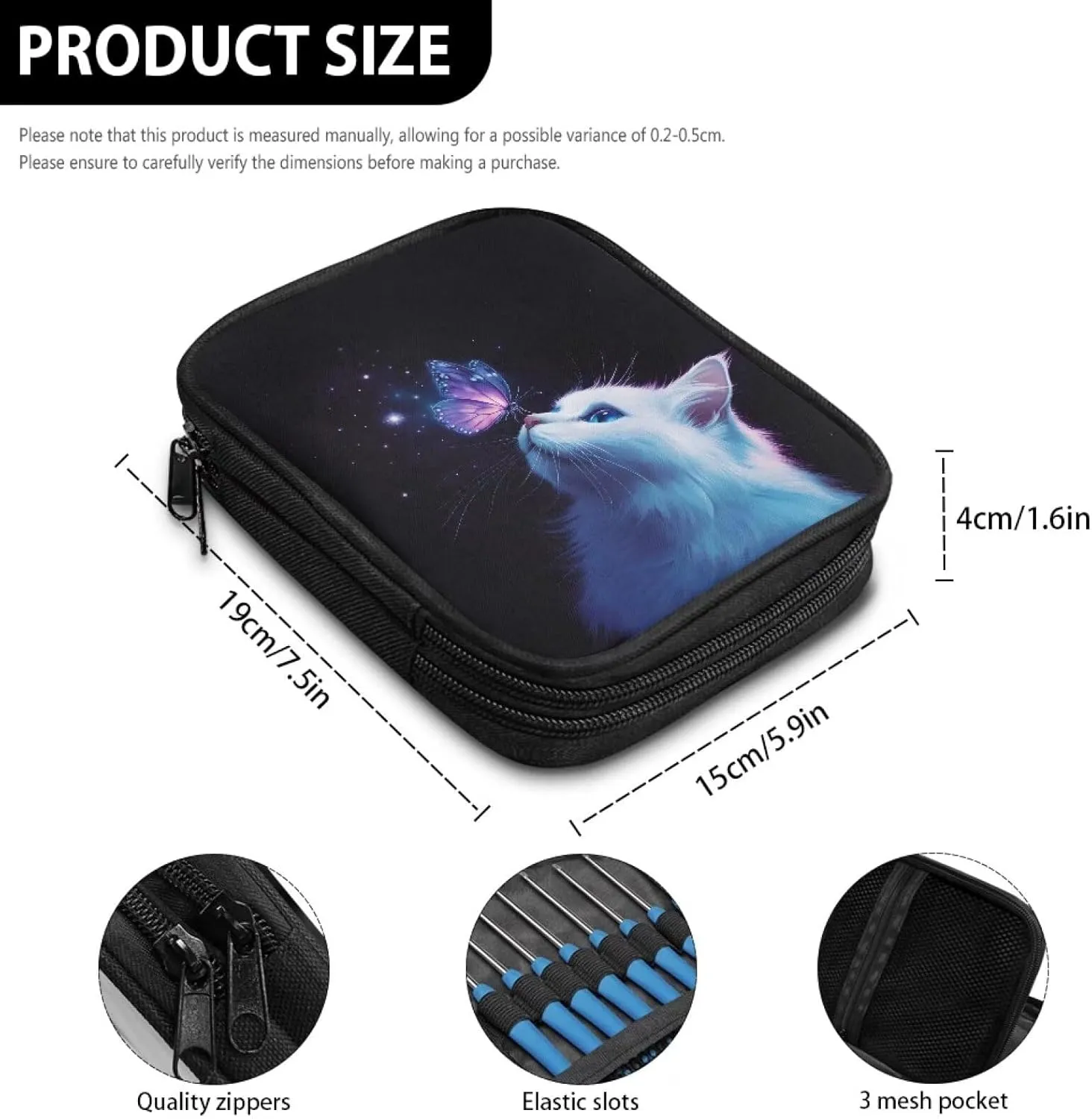 Kathyboom Crochet Hook Case (up to 7.5 Inches),White Cat Butterfly Travel Organizer Zipper Bag for Various Crochet Hooks, Circular Knitting Needles and Other Accessories