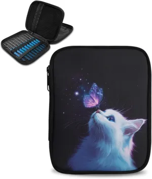 Kathyboom Crochet Hook Case (up to 7.5 Inches),White Cat Butterfly Travel Organizer Zipper Bag for Various Crochet Hooks, Circular Knitting Needles and Other Accessories