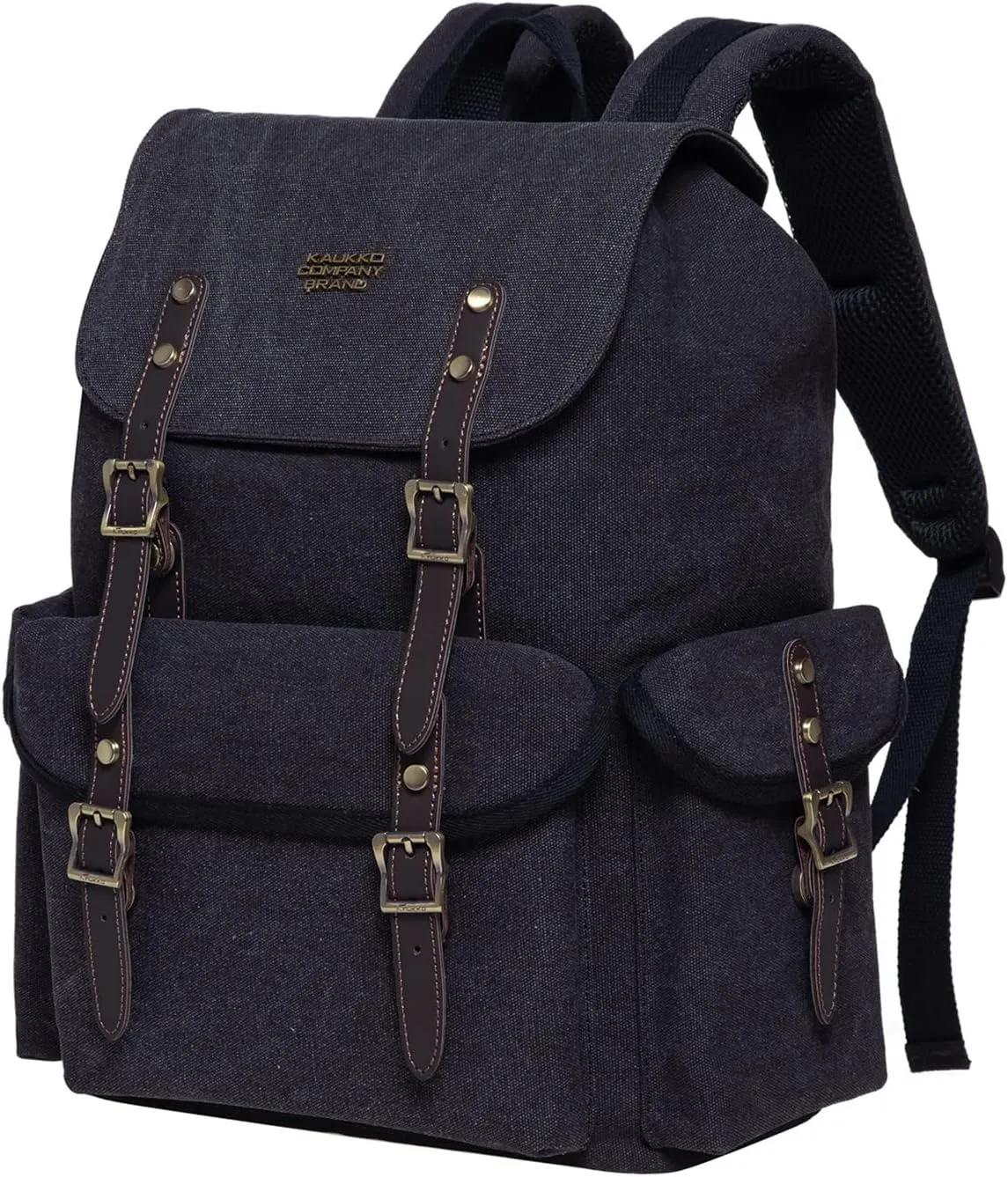 KAUKKO Vintage Casual polyster and Leather Rucksack Backpack(03-CANVAS BLACK)