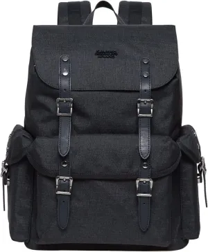 KAUKKO Vintage Casual polyster and Leather Rucksack Backpack(03-LINEN BLACK)