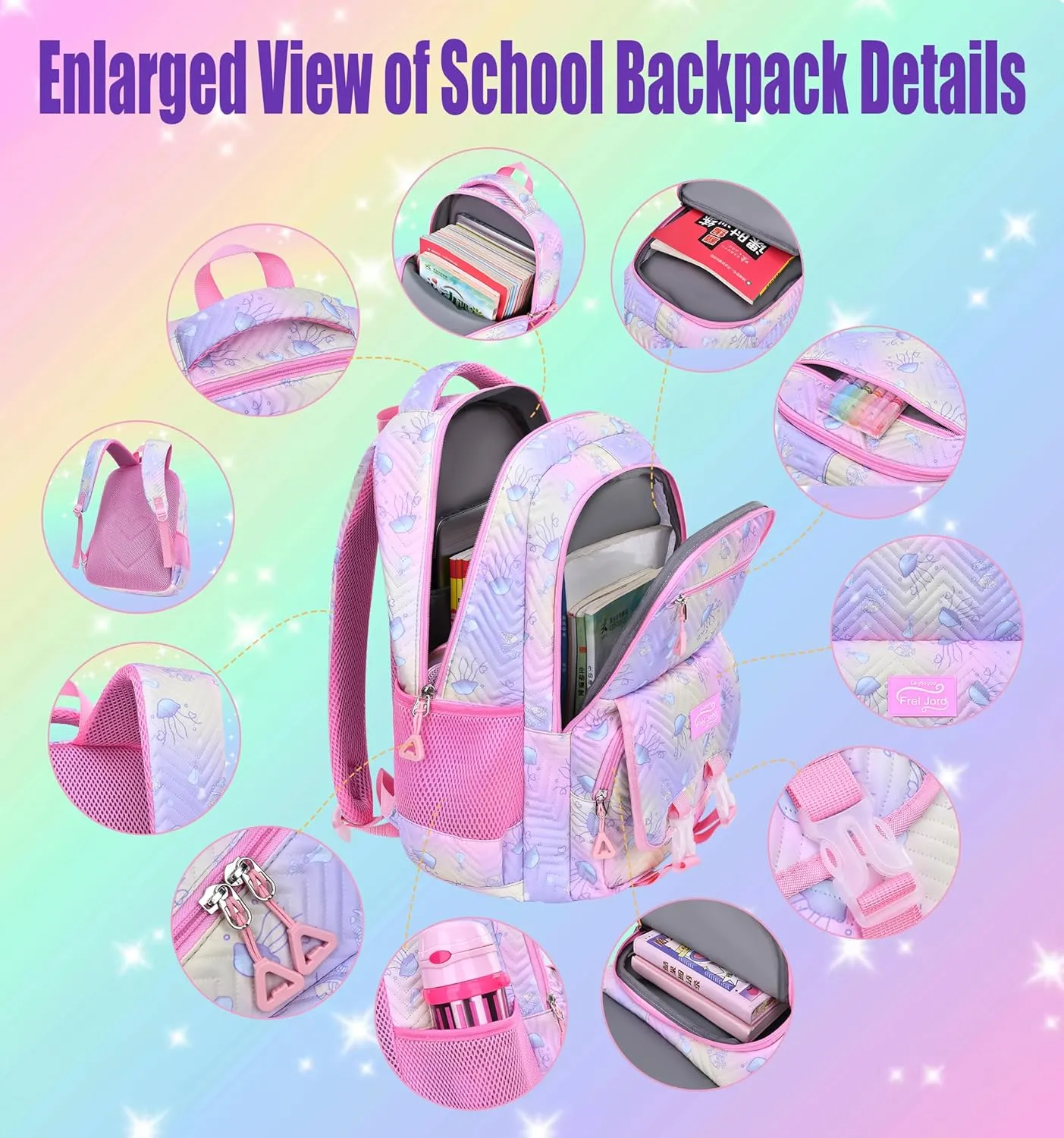 Kawaii Backpack and Lunch Box Set for Girls,4PCS Cute Ocean Theme School Backpack for Girls,Aesthetic Gradient Student Bookbag with Lunch Box,Pen Bag and Fur Ball Keychain(Light Pink,17.7in)