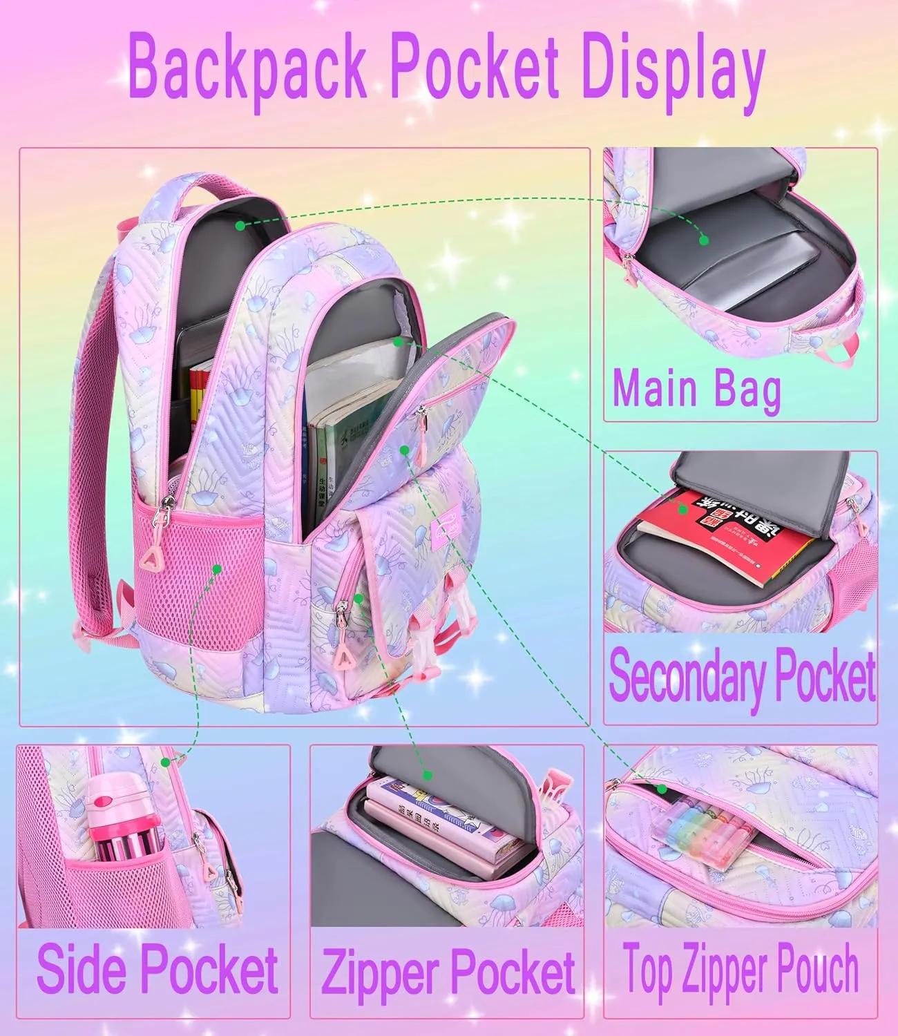 Kawaii Backpack and Lunch Box Set for Girls,4PCS Cute Ocean Theme School Backpack for Girls,Aesthetic Gradient Student Bookbag with Lunch Box,Pen Bag and Fur Ball Keychain(Light Pink,17.7in)