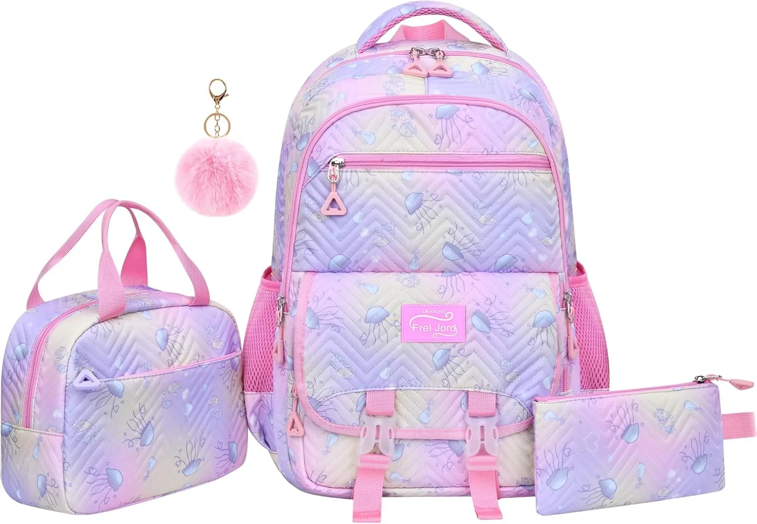 Kawaii Backpack and Lunch Box Set for Girls,4PCS Cute Ocean Theme School Backpack for Girls,Aesthetic Gradient Student Bookbag with Lunch Box,Pen Bag and Fur Ball Keychain(Light Pink,17.7in)