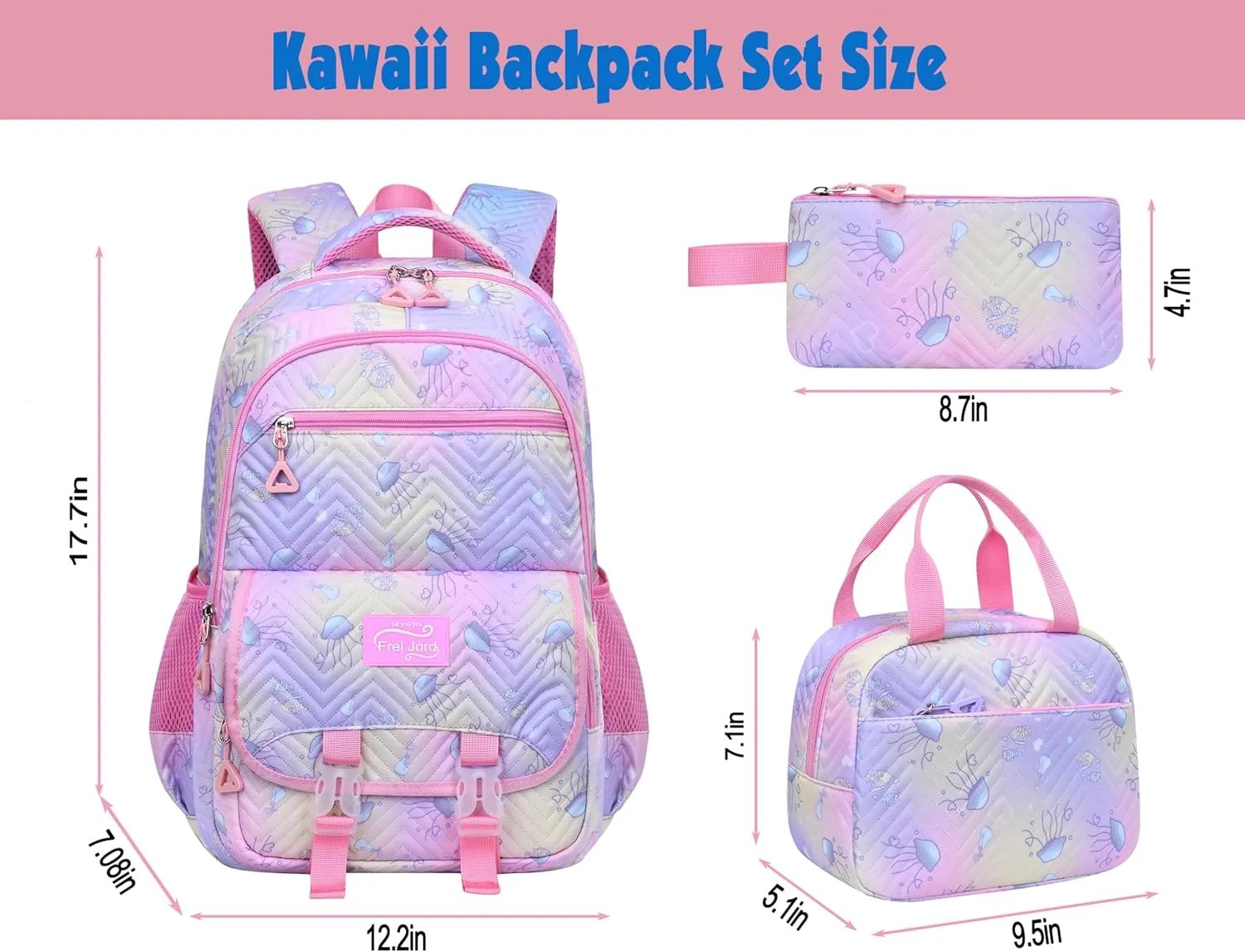 Kawaii Backpack and Lunch Box Set for Girls,4PCS Cute Ocean Theme School Backpack for Girls,Aesthetic Gradient Student Bookbag with Lunch Box,Pen Bag and Fur Ball Keychain(Light Pink,17.7in)