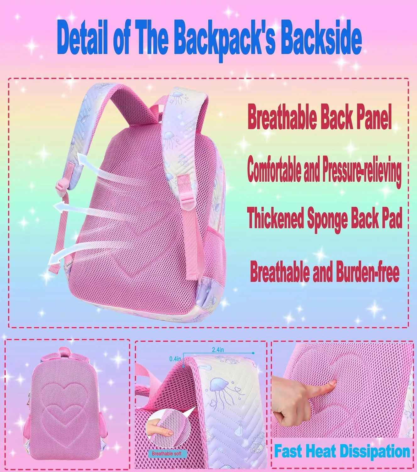 Kawaii Backpack and Lunch Box Set for Girls,4PCS Cute Ocean Theme School Backpack for Girls,Aesthetic Gradient Student Bookbag with Lunch Box,Pen Bag and Fur Ball Keychain(Light Pink,17.7in)