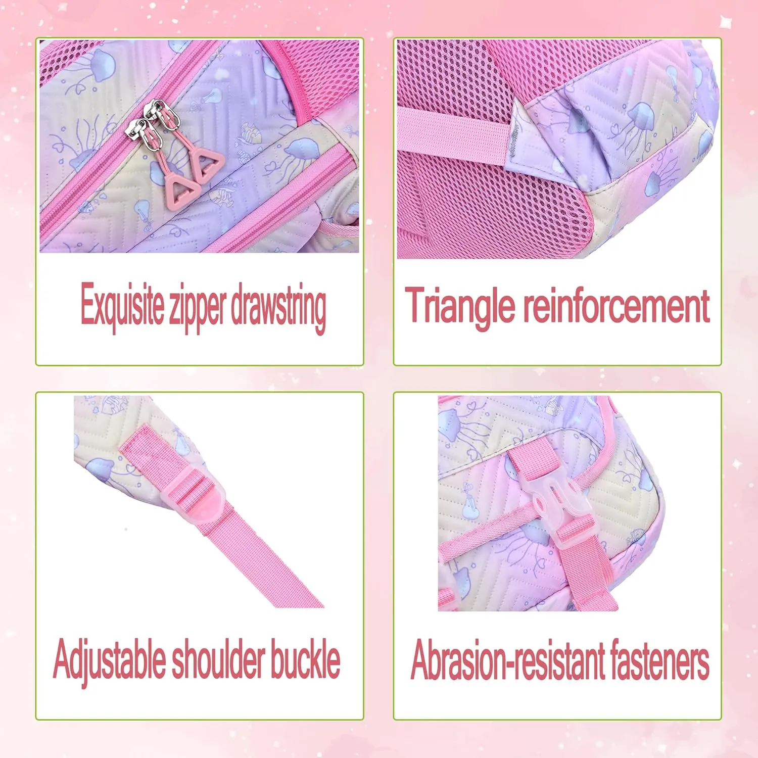 Kawaii Backpack and Lunch Box Set for Girls,4PCS Cute Ocean Theme School Backpack for Girls,Aesthetic Gradient Student Bookbag with Lunch Box,Pen Bag and Fur Ball Keychain(Light Pink,17.7in)