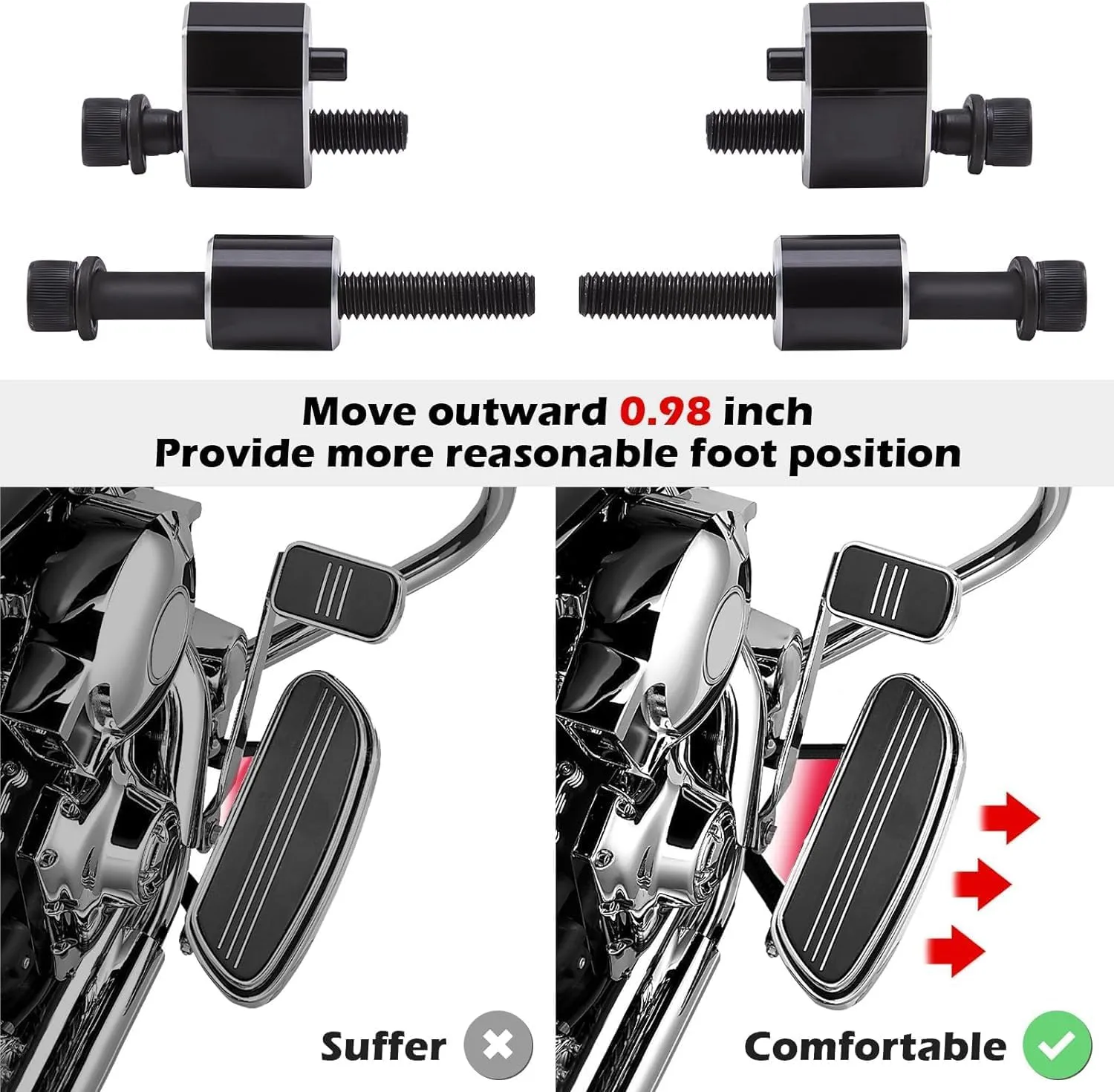 KEMIMOTO 1 Inch Driver Floorboard Extensions Floorboard Spacer Extenders Kit For 2009-2024 2025 Touring Road King Road Glide 2009-2013 FL Trikes Include Bolts and Spacers