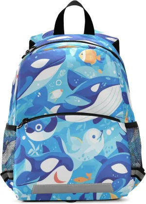 Kids Backpack for Preschool, Killer Whale Blue, Water Resistant Schoolbag with Reflective Strips Mini Travel Daypack