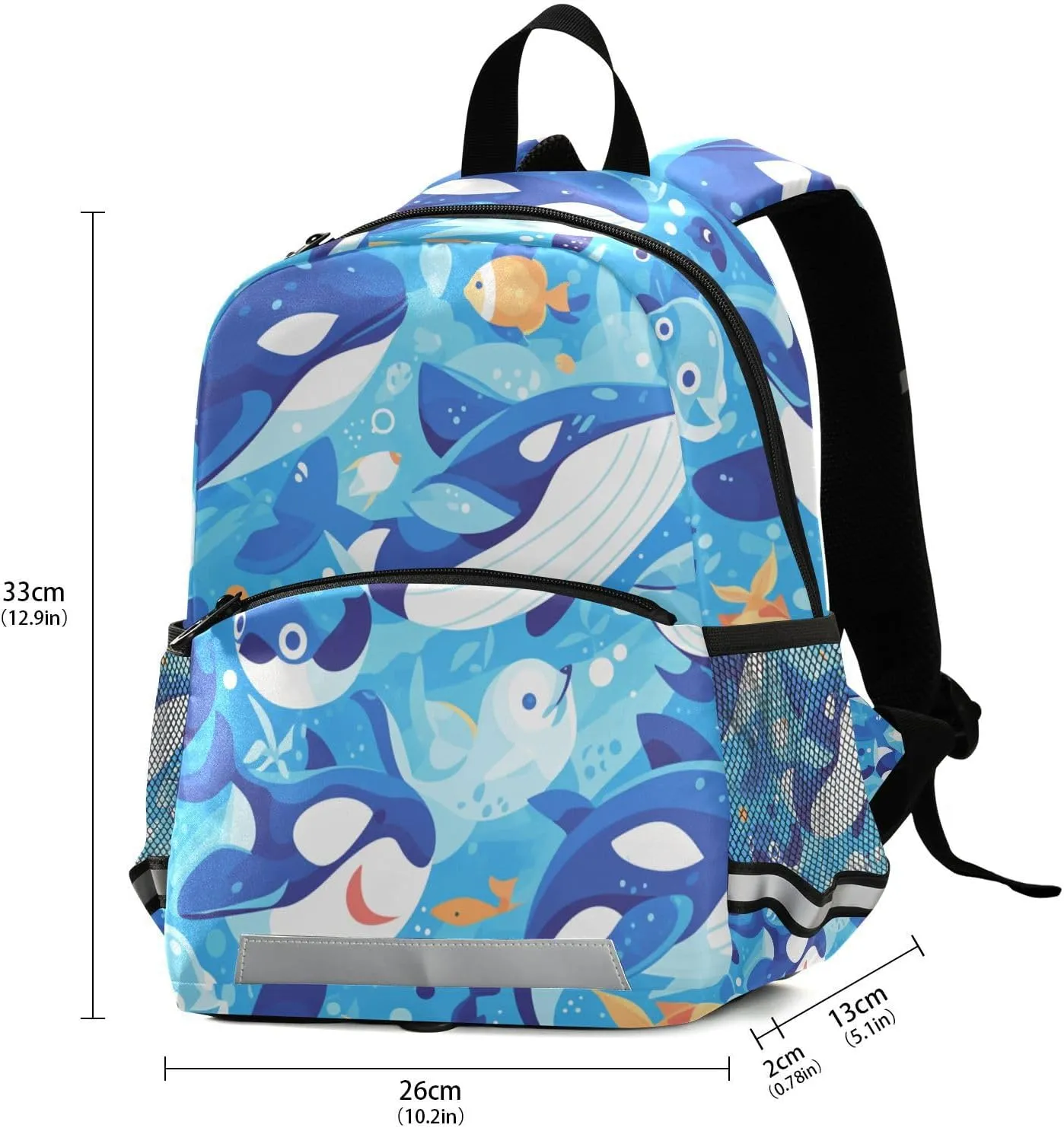 Kids Backpack for Preschool, Killer Whale Blue, Water Resistant Schoolbag with Reflective Strips Mini Travel Daypack