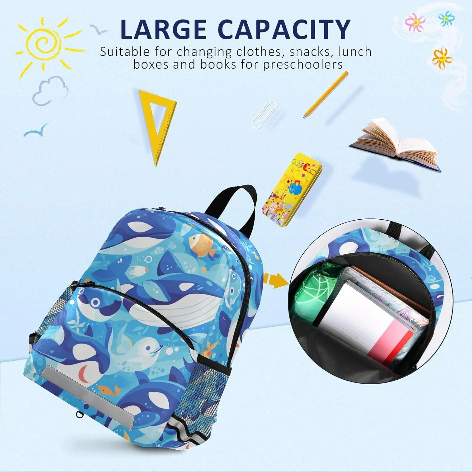 Kids Backpack for Preschool, Killer Whale Blue, Water Resistant Schoolbag with Reflective Strips Mini Travel Daypack