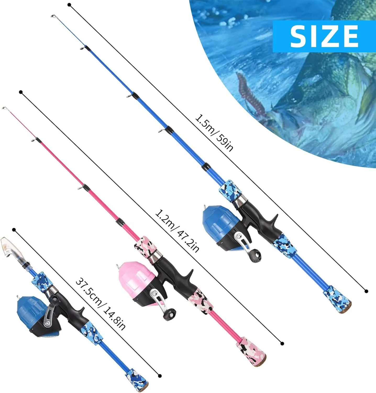 Kids Fishing Rod and Reel Combo, 47in/59inTelescopic Fishing Pole Portable Fishing Kits Lightweight with Fishing Lures Fishing Lines Fishing Hooks