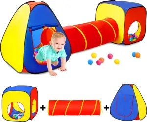 Kids Play Tent with Ball Pit Crawl Tunnel Castle Tent, Pop Up Toddlers Playhouse for Boys and Girls Gift, Collapsible Children Play Tent Toy Indoor and Outdoor Games (Colorful Fort)