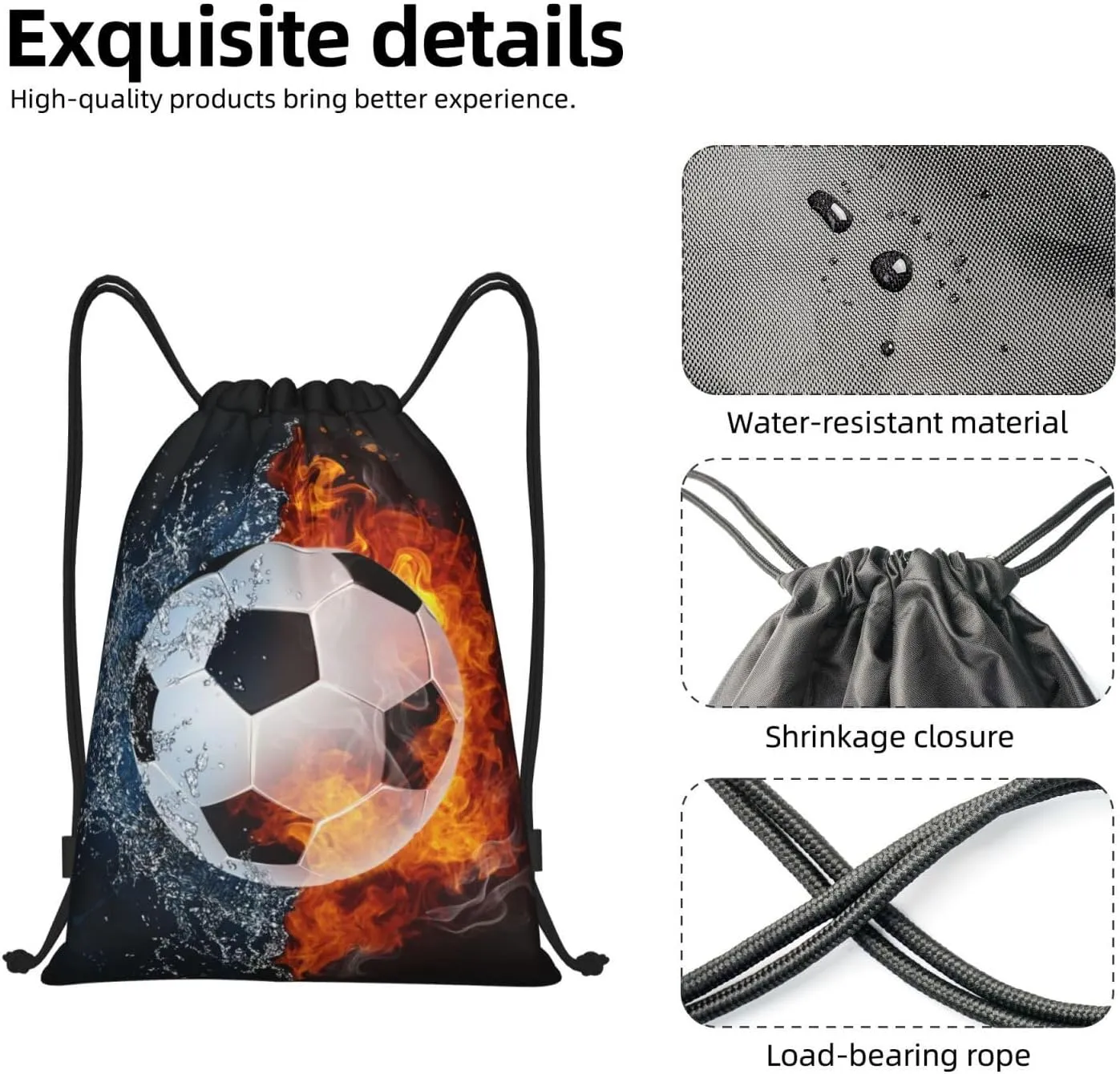 Kids Soccer Drawstring Bags for Boys Girls, Sports-Themed Drawstring Backpack Casual Knapsack with Water and Fire Printed for Teens Adults Women Men for Gym Travel Swimming Hiking Camping, Medium