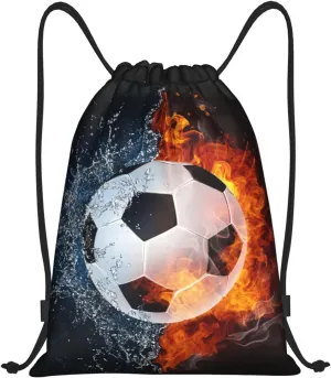 Kids Soccer Drawstring Bags for Boys Girls, Sports-Themed Drawstring Backpack Casual Knapsack with Water and Fire Printed for Teens Adults Women Men for Gym Travel Swimming Hiking Camping, Medium