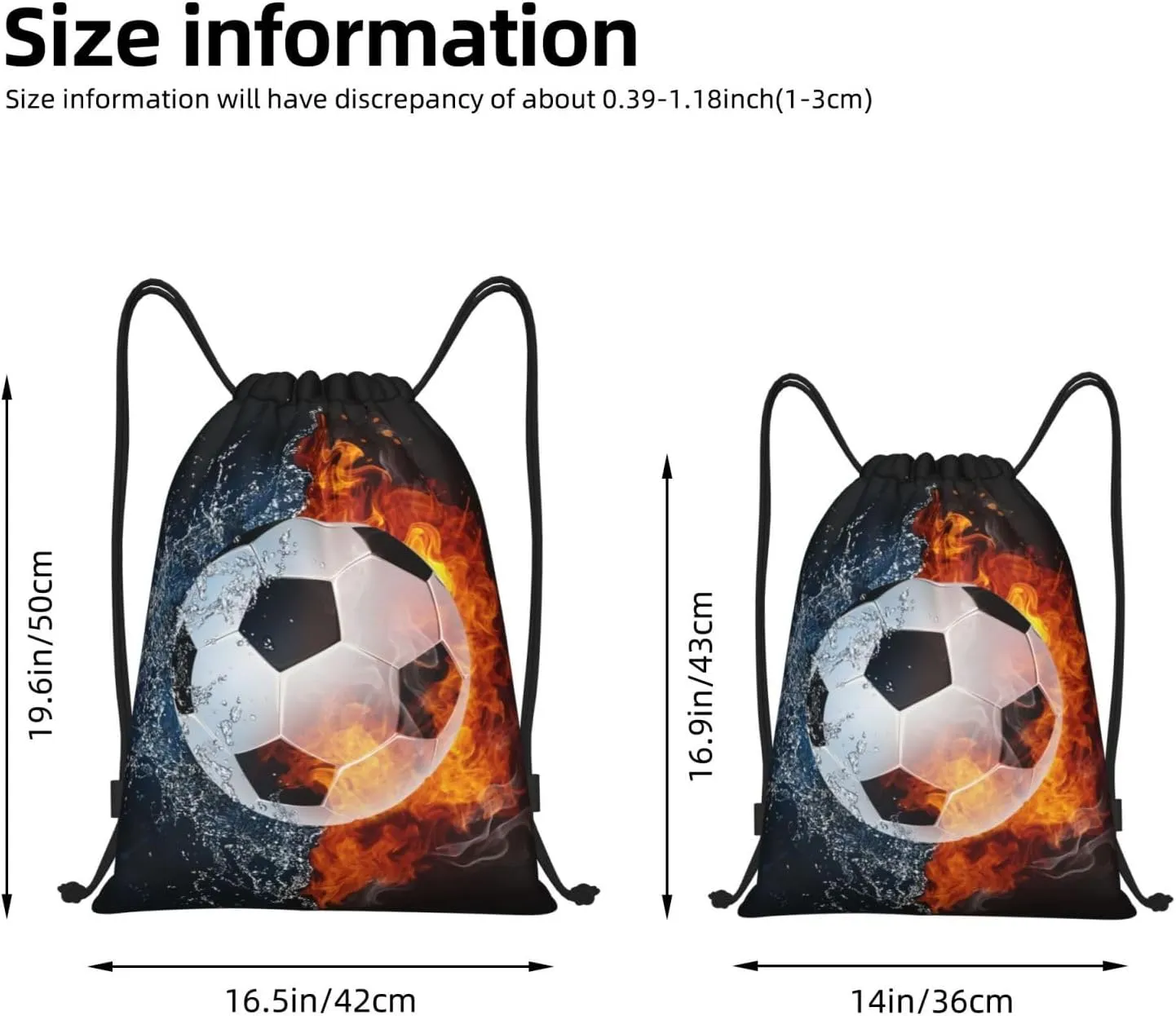 Kids Soccer Drawstring Bags for Boys Girls, Sports-Themed Drawstring Backpack Casual Knapsack with Water and Fire Printed for Teens Adults Women Men for Gym Travel Swimming Hiking Camping, Medium