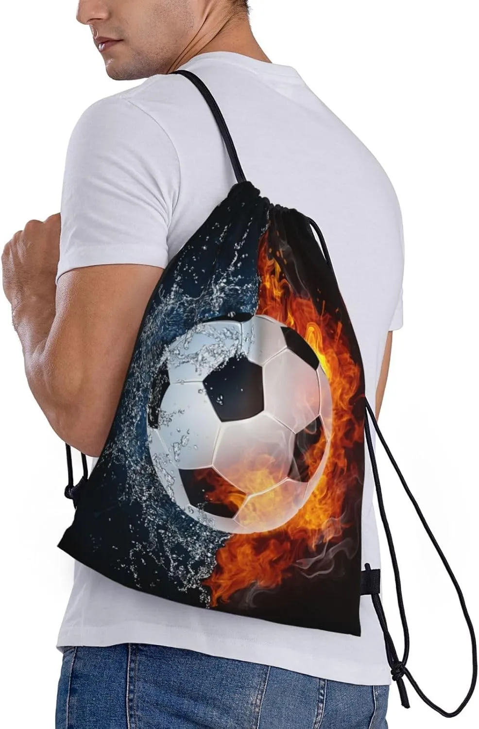 Kids Soccer Drawstring Bags for Boys Girls, Sports-Themed Drawstring Backpack Casual Knapsack with Water and Fire Printed for Teens Adults Women Men for Gym Travel Swimming Hiking Camping, Medium