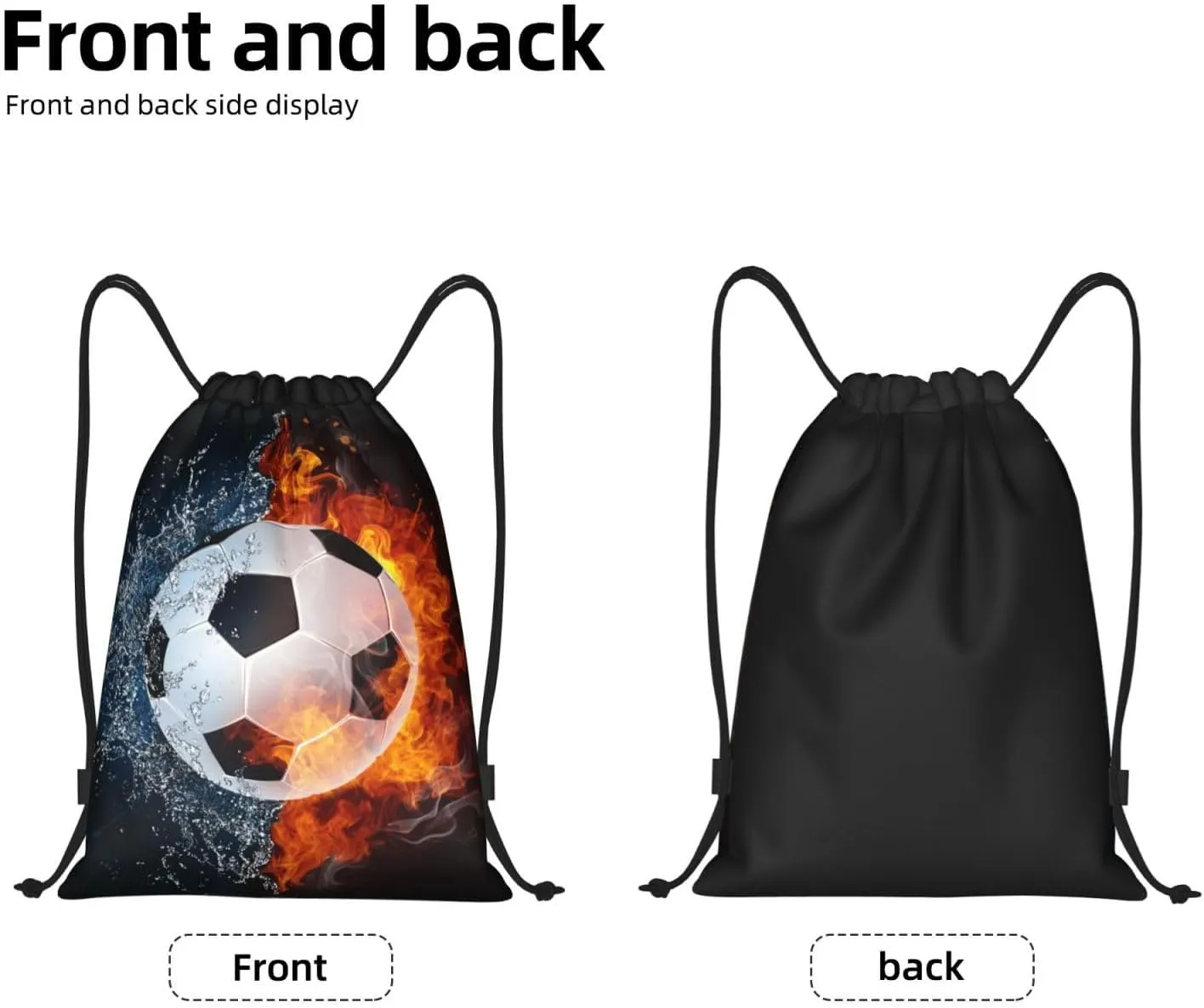 Kids Soccer Drawstring Bags for Boys Girls, Sports-Themed Drawstring Backpack Casual Knapsack with Water and Fire Printed for Teens Adults Women Men for Gym Travel Swimming Hiking Camping, Medium