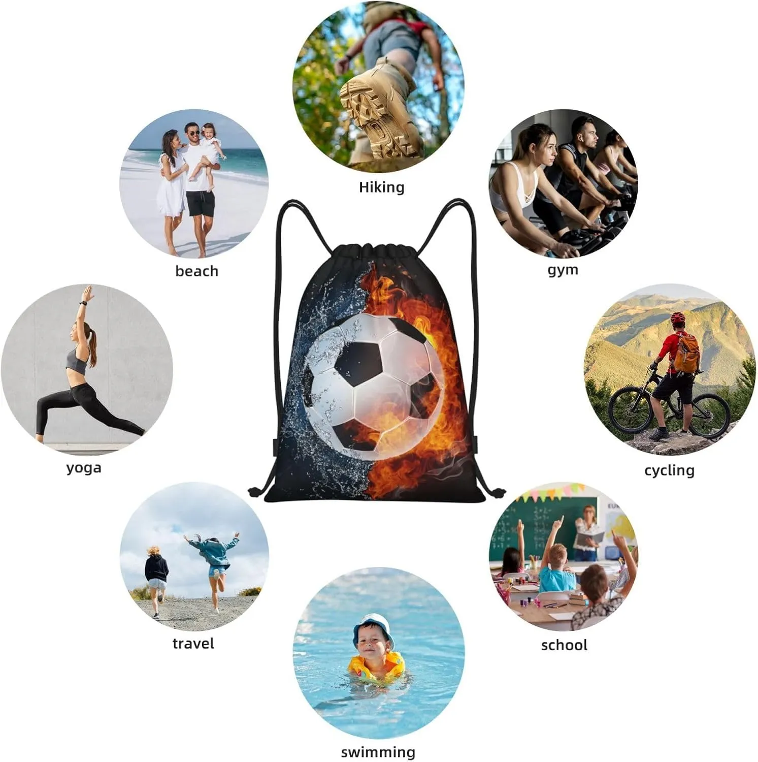 Kids Soccer Drawstring Bags for Boys Girls, Sports-Themed Drawstring Backpack Casual Knapsack with Water and Fire Printed for Teens Adults Women Men for Gym Travel Swimming Hiking Camping, Medium