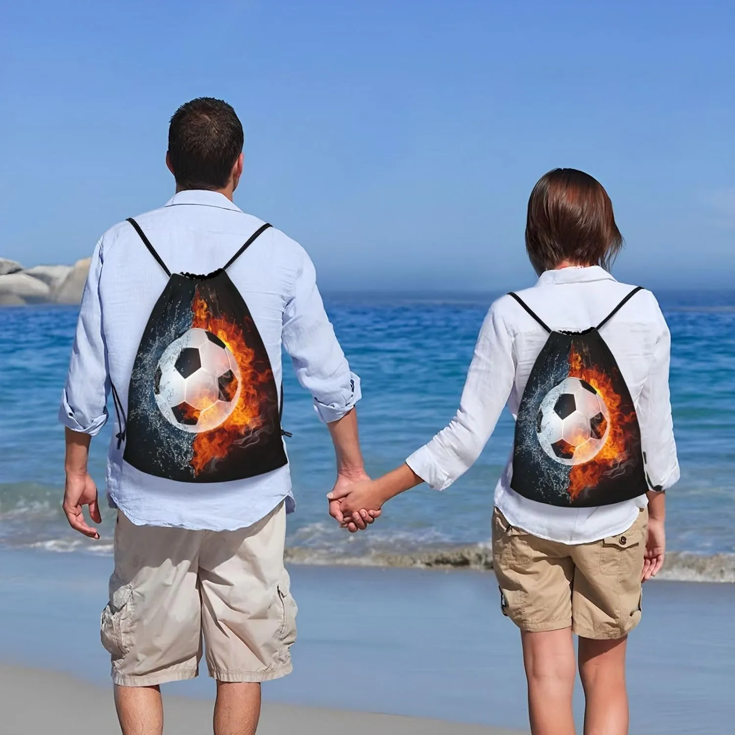 Kids Soccer Drawstring Bags for Boys Girls, Sports-Themed Drawstring Backpack Casual Knapsack with Water and Fire Printed for Teens Adults Women Men for Gym Travel Swimming Hiking Camping, Medium