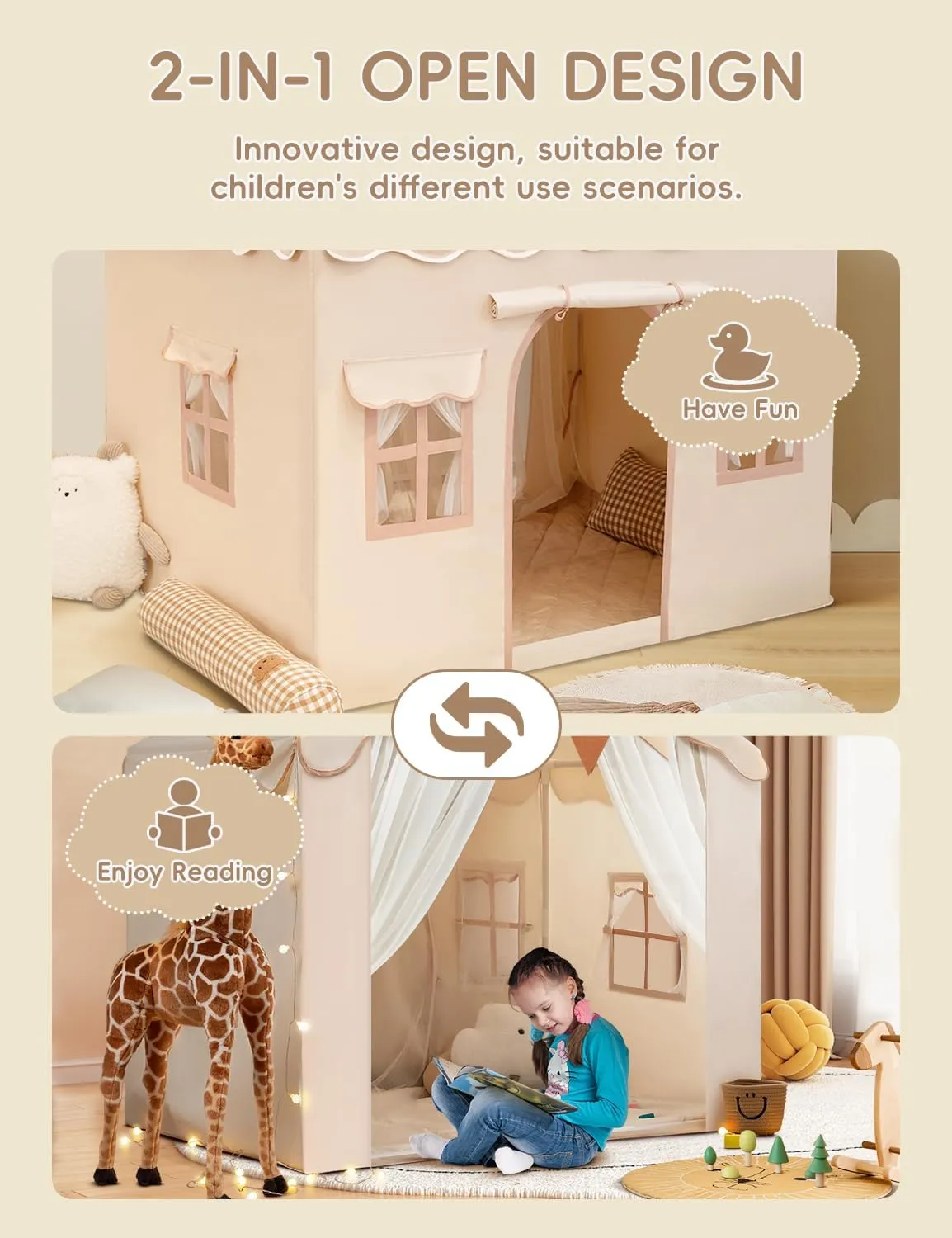 Kids Tent with Padded Mat Playhouse Tent 2 in 1, Kids Play Tent Large Space Indoor with 2 Doors and 4 Windows for Girls Boys with Stars Lights, Carry Bag, Banner Flag (Beige, 2 in 1)