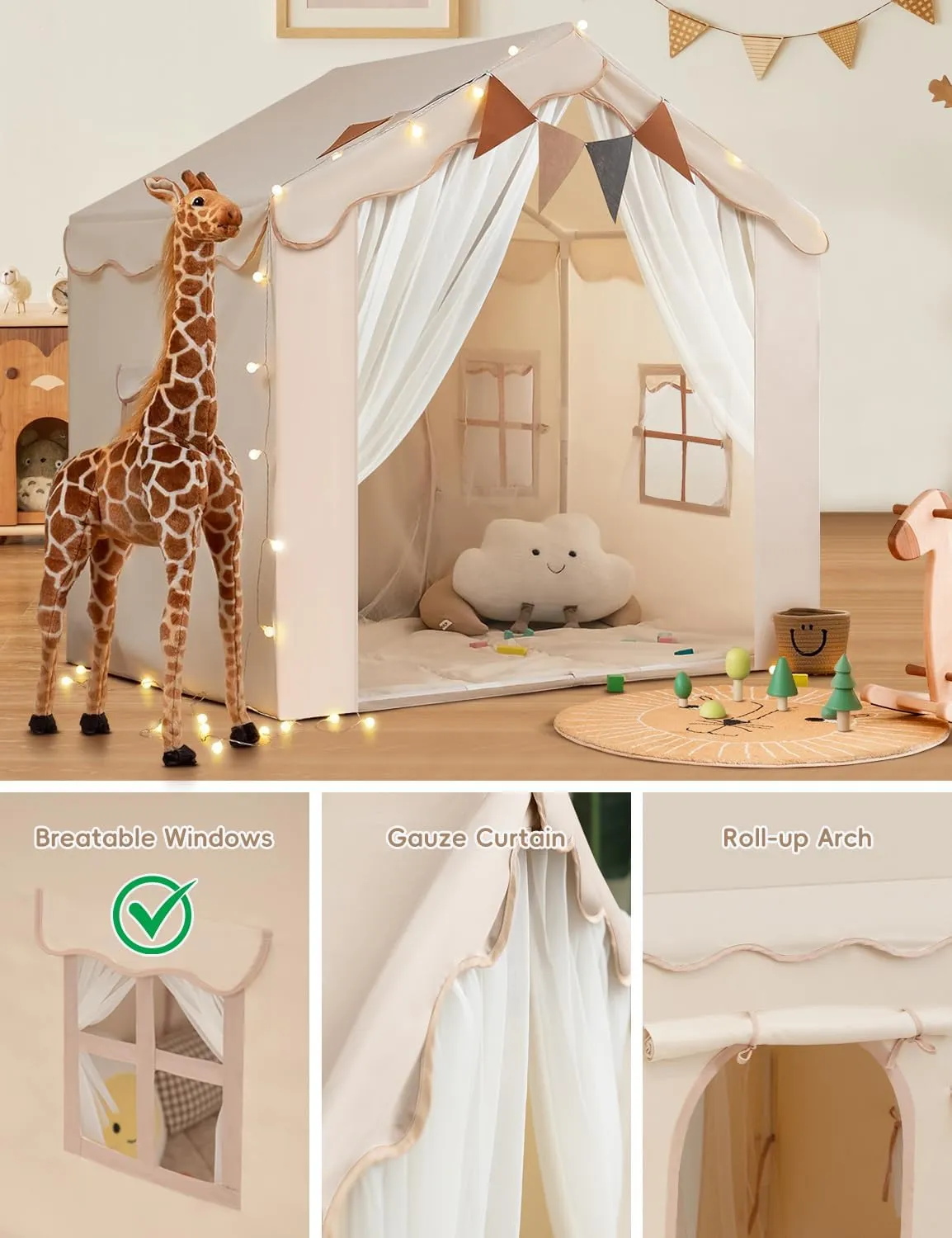 Kids Tent with Padded Mat Playhouse Tent 2 in 1, Kids Play Tent Large Space Indoor with 2 Doors and 4 Windows for Girls Boys with Stars Lights, Carry Bag, Banner Flag (Beige, 2 in 1)