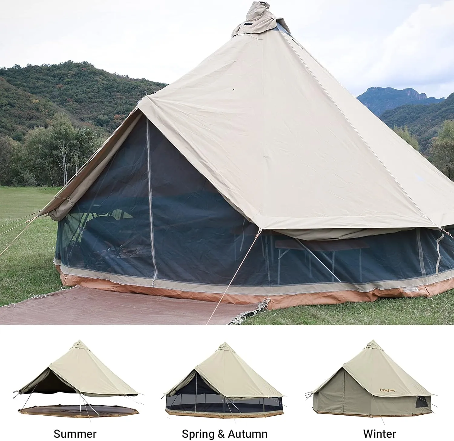 KingCamp Canvas Bell Yurt Tents, 4 Seasons Large Waterproof & Windproof Luxury Glamping Tent w/Stove Jack for Family Outdoor Camping, Hunting, Parties