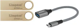 Kingston DataTraveler SE9 G3 USB 3.2 Gen 1 Flash Drive with Portable Size and Metal Casing (256GB, 2-Pack) Bundle with USB 3.0 to USB-C Adapter (3 Items)