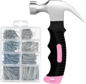 KURUI 700PCs Small Nails for Hanging Pictures & 8oz Small Hammer for Women, Pink Tool for Hanging Wall Decor, Hardware Finish Nails Assortment Kit, 280 Wall Nails & 280 Finishing Nails