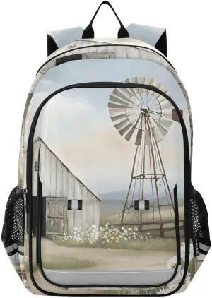 Laptop Backpack Purse Windmill Barn Landscape for Women Men Travel Daypack Casual Shoulder Bag Book Bag Cute Cool Funny Backpack with Compartment & Multiple Pockets