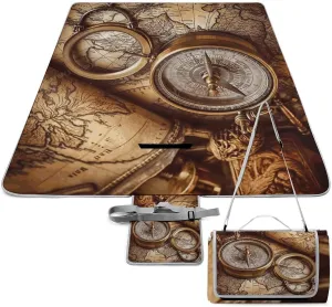 Large Beach Blankets Foldable Compass and Old World Map Outdoor Picnic Blanket for Park Hiking Camping