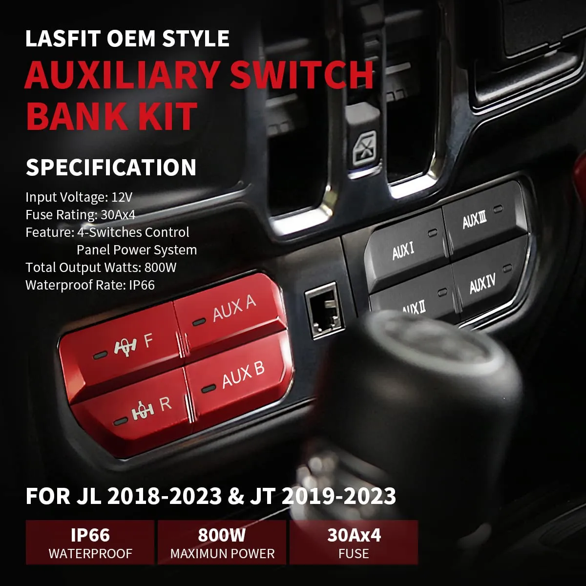 LASFIT Auxiliary Switch Bank Kit, OEM Style Plug&Play Aux Switch Panel Dash 4 Buttons 4x30A for Wrangler JL 2018-2023 & Gladiator JT 2019-2023, Black