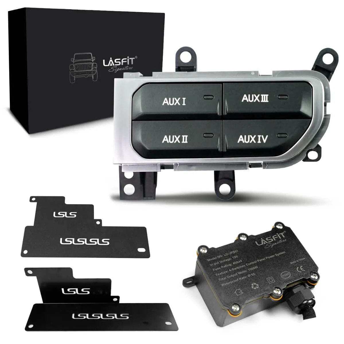 LASFIT Auxiliary Switch Bank Kit, OEM Style Plug&Play Aux Switch Panel Dash 4 Buttons 4x30A for Wrangler JL 2018-2023 & Gladiator JT 2019-2023, Black