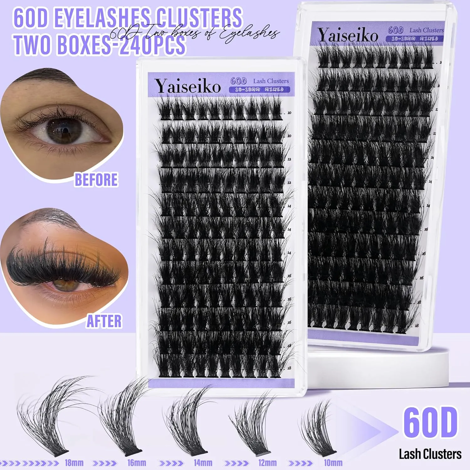 Lash Clusters Kit Gift Packs Fluffy 60D 80D Individual Lashes D Curl Cluster Eyelash Extensions DIY Lash Extension Kit 480Pcs with Lash Bond and Seal Waterproof, Lash Applicator, False Eyelashes Kit