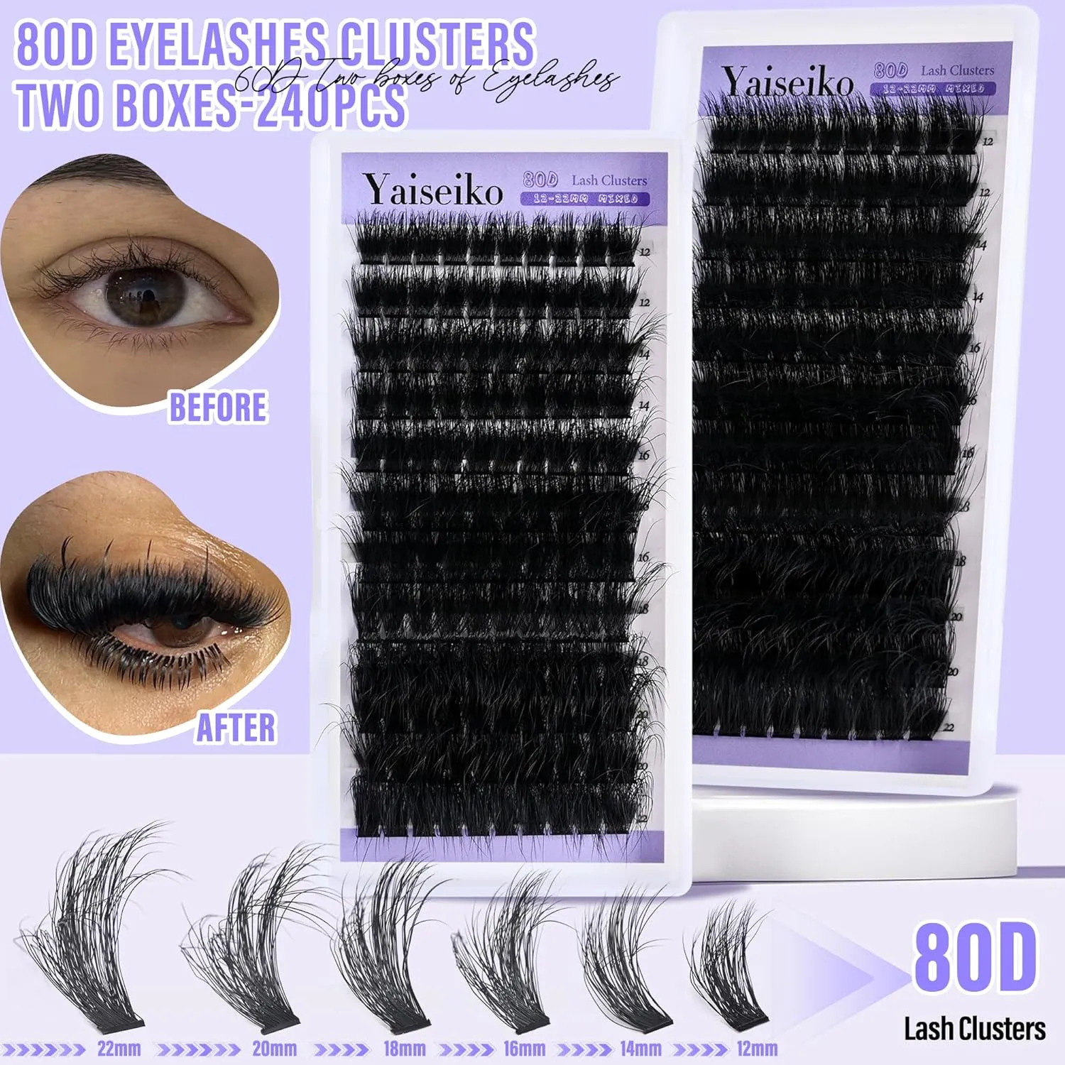 Lash Clusters Kit Gift Packs Fluffy 60D 80D Individual Lashes D Curl Cluster Eyelash Extensions DIY Lash Extension Kit 480Pcs with Lash Bond and Seal Waterproof, Lash Applicator, False Eyelashes Kit