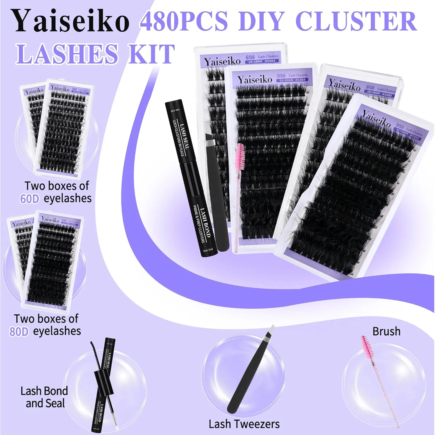 Lash Clusters Kit Gift Packs Fluffy 60D 80D Individual Lashes D Curl Cluster Eyelash Extensions DIY Lash Extension Kit 480Pcs with Lash Bond and Seal Waterproof, Lash Applicator, False Eyelashes Kit
