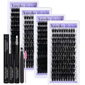 Lash Clusters Kit Gift Packs Fluffy 60D 80D Individual Lashes D Curl Cluster Eyelash Extensions DIY Lash Extension Kit 480Pcs with Lash Bond and Seal Waterproof, Lash Applicator, False Eyelashes Kit
