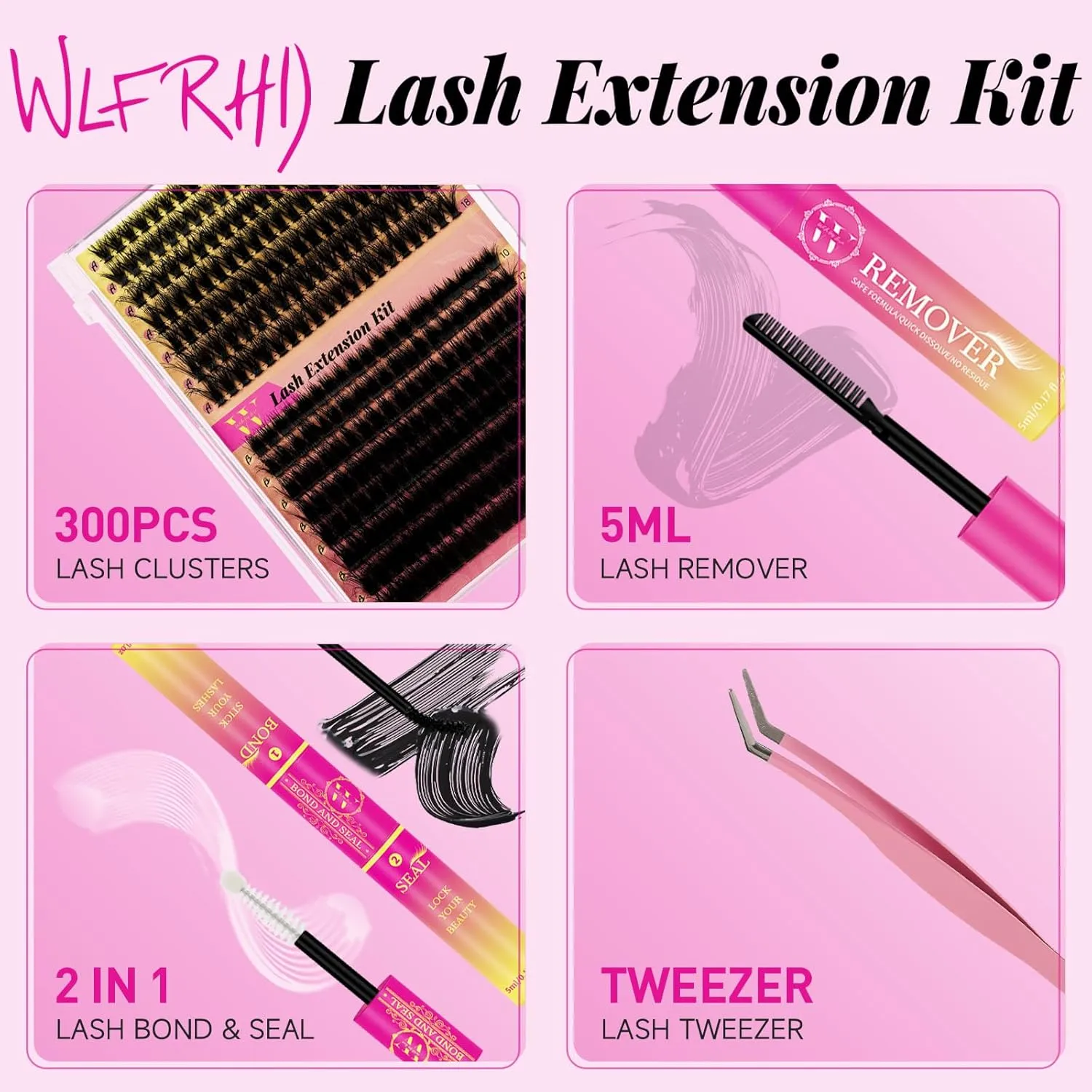 Lash Extension Kit 300Pcs 7090D DIY Individual Lashes Clusters Kit Lash Remover Lash Bond And Seal For Eyelashes Extensions Lash Applicator Tool For False Eyelash Cluster Kit At Home(D-Mix10-18mm,16)