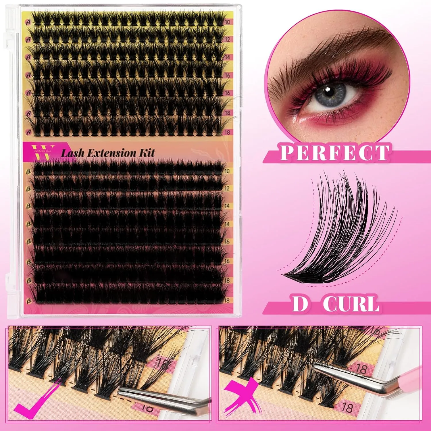 Lash Extension Kit 300Pcs 7090D DIY Individual Lashes Clusters Kit Lash Remover Lash Bond And Seal For Eyelashes Extensions Lash Applicator Tool For False Eyelash Cluster Kit At Home(D-Mix10-18mm,16)