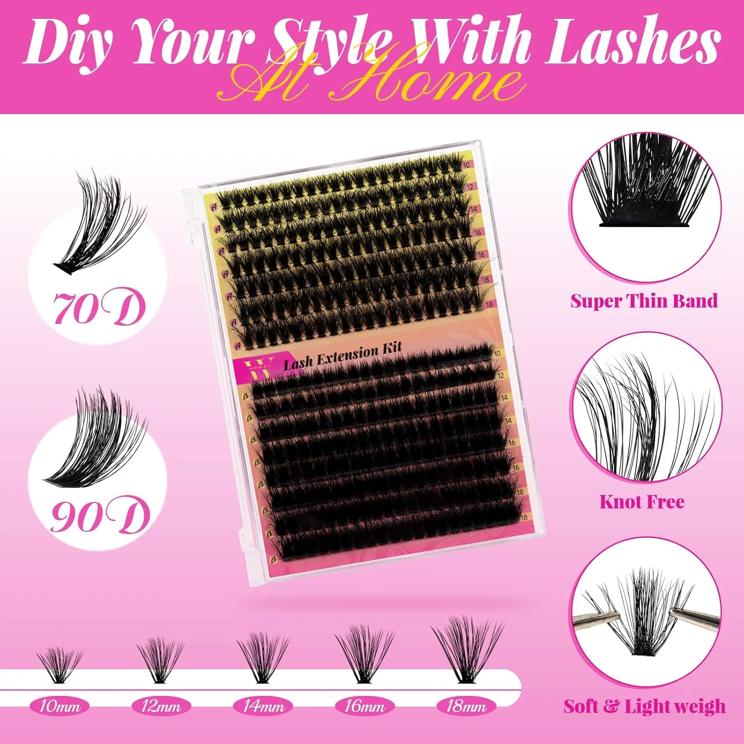 Lash Extension Kit 300Pcs 7090D DIY Individual Lashes Clusters Kit Lash Remover Lash Bond And Seal For Eyelashes Extensions Lash Applicator Tool For False Eyelash Cluster Kit At Home(D-Mix10-18mm,16)