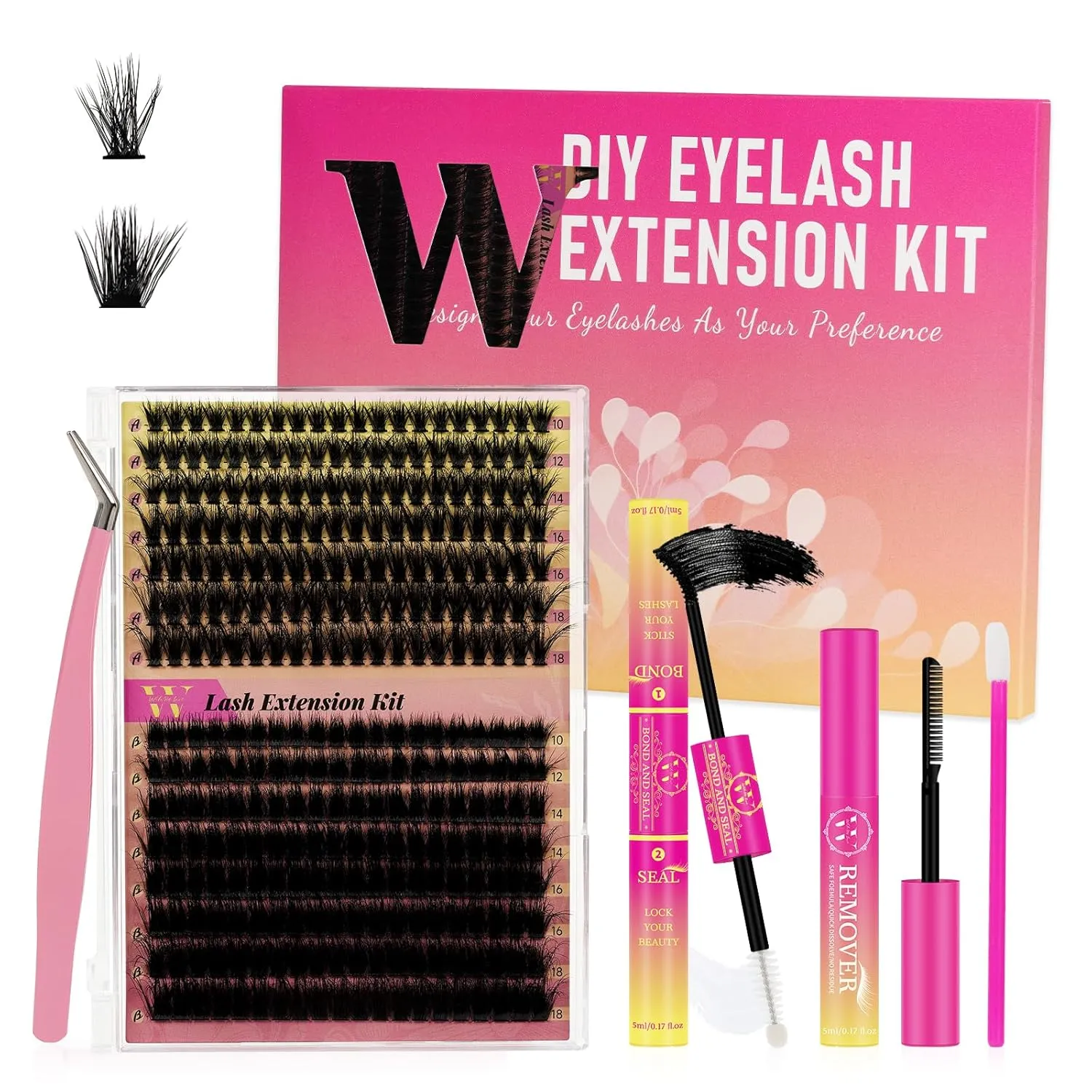 Lash Extension Kit 300Pcs 7090D DIY Individual Lashes Clusters Kit Lash Remover Lash Bond And Seal For Eyelashes Extensions Lash Applicator Tool For False Eyelash Cluster Kit At Home(D-Mix10-18mm,16)