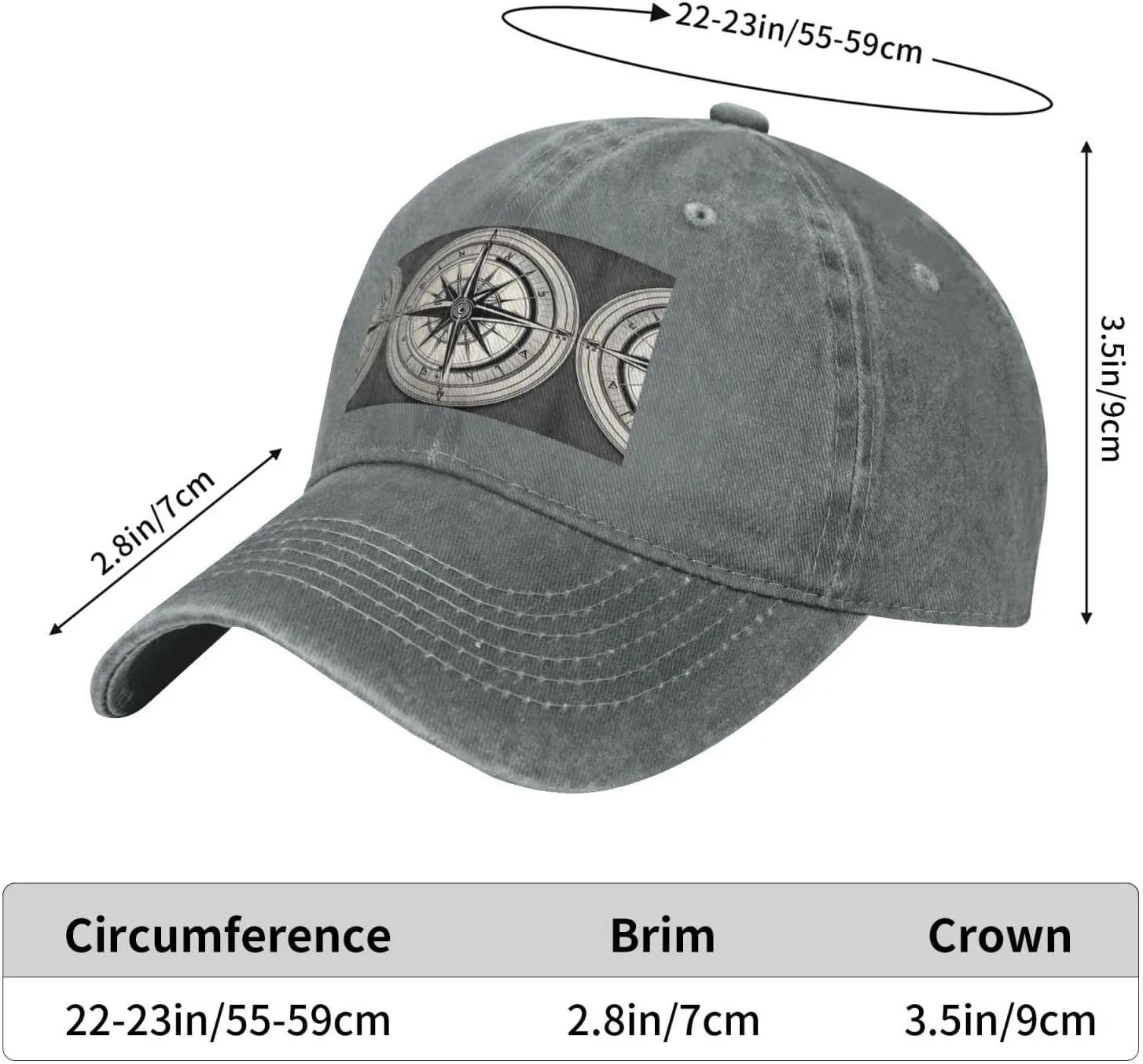 Law of The Compass Navigation 1 Print Denim Baseball Cap Unisex Sun Hat Outdoor Sports Cap fit for All Seasons Easy to Carry