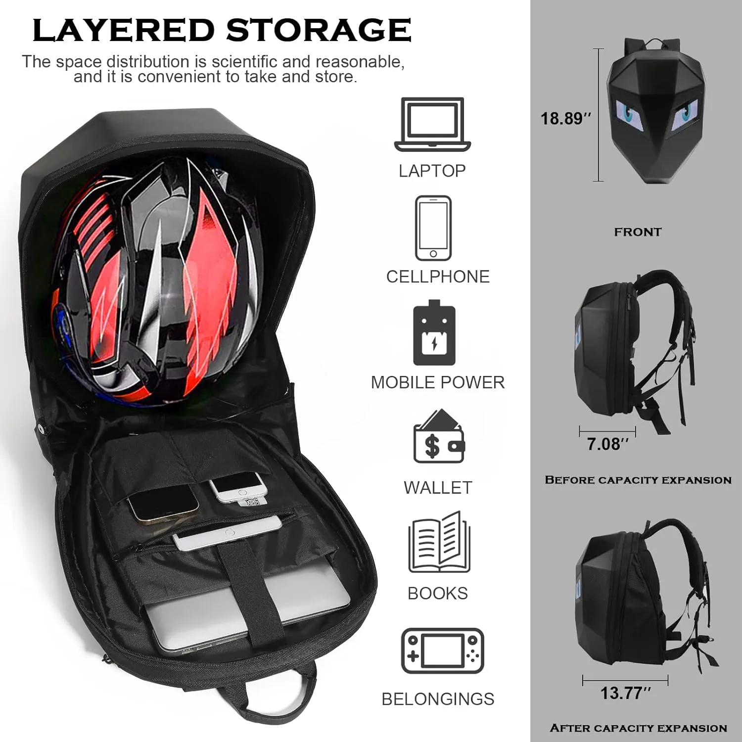 LED Backpack Laptop Bag Motorcycle Riding bag, Hard Shell LED Motorbike Luggage Bags High-Capacity Helmet, Waterproof Backpack With Programmable Screen